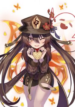 Rule 34 | 1girl, ;d, absurdres, black hat, black nails, black shorts, boo tao (genshin impact), brown hair, bug, butterfly, commentary, cowboy shot, english commentary, flower, flower-shaped pupils, genshin impact, ghost, hat, highres, hu tao (genshin impact), insect, long hair, long sleeves, md5 mismatch, nail polish, one eye closed, open mouth, plum blossoms, prothymos, red eyes, short shorts, shorts, smile, solo, symbol-shaped pupils, twintails, very long hair