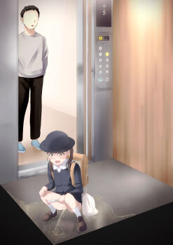 1boy 1girl absurdres ankle_socks arrow_(symbol) backpack bag bar_censor black_headwear black_shirt blouse blush brown_eyes brown_footwear brown_hair caught censored elevator faceless faceless_male hat highres kuroi96 loli long_sleeves open_mouth original panties panty_pull pee peeing peeing_on_floor puddle pulling_own_clothes pussy randoseru school_uniform shirt shoes socks squatting standing underwear uwabaki white_panties white_socks