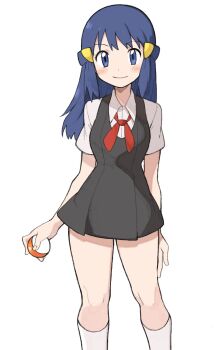1girl artist_request black_dress blue_eyes blue_hair blush closed_mouth collared_shirt cosplay dawn_(pokemon) dress eyelashes hair_ornament hairclip highres holding holding_poke_ball knees lass_(pokemon) lass_(pokemon)_(cosplay) lass_(pokemon_hgss) long_hair neck_ribbon nintendo poke_ball poke_ball_(basic) pokemon pokemon_(anime) pokemon_dppt_(anime) pokemon_hgss red_ribbon ribbon shirt sidelocks simple_background smile socks solo white_background white_shirt white_socks