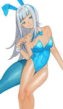 1girl :3 alternate_costume alternate_skin_color animal_ear_hairband animal_ears armpit_crease bare_shoulders blue_bow blue_bowtie blue_eyes blue_hair blue_hairband blue_leotard blue_nails blue_streaks blue_tail blunt_bangs bow bowtie breasts closed_mouth collar collarbone commentary contrapposto covered_navel curled_fingers detached_collar english_commentary eyebrows_hidden_by_hair fake_animal_ears feet_out_of_frame fingernails fins fish_tail gawr_gura grey_hair groin_tendon hair_flaps hairband half-closed_eyes hand_up head_tilt highleg highleg_leotard highres hip_bones holding holding_own_hair hololive hololive_english karassawa knees large_tail leaning_to_the_side leg_up legs_together leotard long_eyelashes long_fingernails long_hair long_legs long_sidelocks looking_at_viewer multicolored_hair narrowed_eyes oversized_breast_cup playboy_bunny rabbit_ear_hairband rabbit_ears raised_eyebrows seductive_smile shark_girl shark_tail shiny_skin sidelocks simple_background single_ear_down small_breasts smile smirk solo standing standing_on_one_leg straight-on strapless strapless_leotard streaked_hair tail tan thick_eyelashes thick_tail thighs very_long_hair virtual_youtuber white_background white_collar white_wrist_cuffs wrist_cuffs