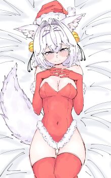 1girl absurdres animal_ear_fluff animal_ears bed bell blush breasts cat_ears cat_girl cleavage elbow_gloves embarrassed filian_(vtuber) froq_art gloves hair_bell hair_ornament hat highres indie_virtual_youtuber lying on_back playboy_bunny purple_eyes red_gloves red_thighhighs santa_hat small_breasts solo tail thighhighs thighs virtual_youtuber white_hair