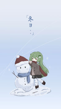 Rule 34 | 1girl, black shoes, black skirt, blue scarf, branch, brown jacket, brown sweater, chibi, commentary request, frog hair ornament, green hair, hair ornament, hair tubes, hat, highres, jacket, kochiya sanae, long hair, long sleeves, mittens, pantyhose, pleated skirt, red scarf, sansan (user gdav7873), santa hat, scarf, shoes, single hair tube, skirt, snow, snowman, solo, sweater, touhou, translation request, white pantyhose, yellow eyes