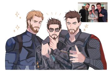 Rule 34 | 3boys, arc reactor, arm around neck, armor, avengers: infinity war, avengers (series), beard, black-framed eyewear, black armor, black jacket, black shirt, blonde hair, blue bodysuit, blue eyes, bodysuit, breastplate, brown eyes, brown hair, cape, captain america, closed mouth, derivative work, facial hair, fingernails, hand on own chin, hand up, highres, hood, hooded jacket, jacket, long sleeves, looking at viewer, male focus, marvel, mcnn0000, multiple boys, notice lines, pauldrons, red cape, screenshot redraw, shirt, short hair, shoulder armor, simple background, smile, sparkle, star (symbol), steve rogers, sunglasses, superhero costume, t-shirt, thor (marvel), tony stark, upper body, white background