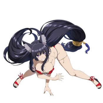1girl all_fours animal_ear_fluff animal_ears bikini black_hair breasts cleavage clenched_teeth delta_(kagejitsu) dolphin_wave full_body game_asset grin highres kage_no_jitsuryokusha_ni_naritakute! large_breasts long_hair looking_at_viewer non-web_source official_art purple_eyes red_bikini sandals self-datamine skindentation smile solo swimsuit tail teeth thigh_strap transparent_background very_long_hair wolf_ears wolf_girl wolf_tail