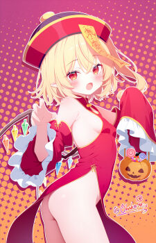 1girl :o absurdres alternate_costume blonde_hair blush breasts china_dress chinese_clothes chinese_commentary claw_pose commentary commentary_request cowboy_shot detached_sleeves dress english_commentary fangs flandre_scarlet hair_between_eyes halftone halftone_background halloween_bucket hat highres jiangshi_costume long_hair long_sleeves looking_at_viewer looking_to_the_side mixed-language_commentary no_bra no_panties ofuda ofuda_on_head ohako_miyu open_mouth orange_background pointy_ears purple_background qingdai_guanmao red_dress red_eyes red_hat red_skirt shirt side_slit sideboob skirt slit_pupils small_breasts solo touhou twitter_username white_shirt wings