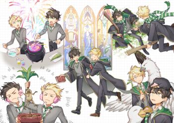 &gt;_&lt; 2boys albus_severus_potter black_hair black_robe blonde_hair blue_eyes bowtruckle broom broom_riding carrot cauldron green_eyes green_necktie harry_potter_(series) harry_potter_and_the_cursed_child hogwarts_school_uniform huan_li male_focus multiple_boys necktie niffler potion robe school_uniform scorpius_malfoy short_hair slytherin striped_necktie sweater vial wizarding_world