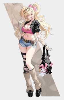 Rule 34 | 1girl, absurdres, alternate costume, arm warmers, belt, black bra, black jacket, blonde hair, blue shorts, bow, bra, bra peek, breasts, clay (nikke), cleavage, crop top, cropped jacket, cutoffs, denim, denim shorts, eyewear on head, full body, goddess of victory: nikke, gyaru, hair bow, highleg, highres, jacket, jewelry, large breasts, midriff, migu (iws2525), navel, necklace, open clothes, open jacket, open mouth, panty straps, pink shirt, shirt, shoes, short shorts, short sleeves, shorts, single thighhigh, skindentation, sleeveless, sleeveless shirt, smile, solo, stomach, strap gap, thighhighs, thighs, tongue, tongue out, torn clothes, torn thighhighs, two side up, underwear