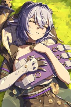 1girl absurdres accessories animal_ears artist_name black_horns black_unitard blue_hair book bra braid breasts closed_eyes collarbone commentary_request covering_breasts covering_privates goat_ears goat_girl goat_horns hair_between_eyes hair_intakes highres holding holding_book hood horns long_hair lucia_elowen lying medallion medium_breasts on_back on_grass outdoors parted_lips pendant_choker pointy_ears single_sleeve sleeping solo staff twin_braids underwear unworn_bra upper_body yan000 zenless_zone_zero