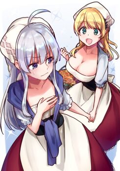 2girls :d :| ahoge angry apron basket blonde_hair blue_shawl breasts cleavage closed_mouth collarbone covering_breasts covering_privates elaina_(majo_no_tabitabi) elbow_carry flat_chest flower from_above green_eyes grey_hair highres holding holding_basket holding_hands kerchief large_breasts long_hair looking_at_another looking_to_the_side majo_no_tabitabi medium_hair multiple_girls nanao_itsuki open_mouth orange_flower petticoat purple_eyes red_skirt shawl skirt smile squatting standing underbust white_apron
