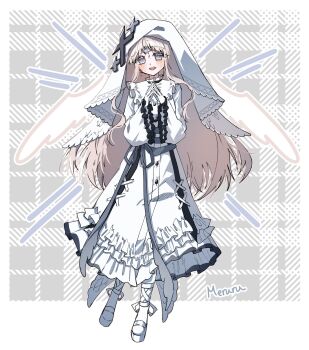 1girl absurdres blonde_hair character_name collared_dress commentary cross cross_earrings dress earrings frilled_dress frills full_body gloves grey_background grey_eyes highres hikami_meruru jewelry kimburgertwo long_hair long_sleeves looking_at_viewer mahou_shoujo_no_majo_saiban open_mouth own_hands_together priestess shoes smile solo spoilers standing steepled_fingers symbol-only_commentary third_eye veil white_dress white_gloves white_shoes white_veil white_wings wings witch_(manosaba)