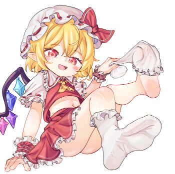 bare_legs barefoot chaosexceed fang fang_out feet flandre_scarlet foot_focus happy highres loli no_shoes red_eyes sitting socks soles stomach toes touhou undressing white_background white_socks