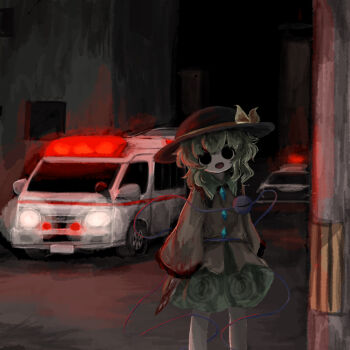 1girl :d ambulance black_eyes black_hat blood blood_on_clothes bloody_knife bow buttons car commentary_request diamond_button feet_out_of_frame frilled_shirt_collar frilled_sleeves frills green_hair green_skirt hat hat_bow heripantomorrow holding holding_knife knife komeiji_koishi medium_hair motor_vehicle open_mouth police_car shadow shirt skirt sleeves_past_fingers sleeves_past_wrists smile third_eye touhou yellow_bow yellow_shirt