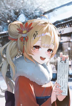 Rule 34 | 1girl, :d, absurdres, ahoge, alternate costume, beamed eighth notes, blonde hair, blurry, blurry background, brown eyes, center-flap bangs, commentary, double-parted bangs, eighth note, fortissimo, fur collar, hair ornament, hairclip, highres, holding, hololive, hololive dev is, japanese clothes, kimono, long hair, looking at viewer, musical note, musical note hair ornament, mypace0079, open mouth, orange kimono, otonose kanade, outdoors, side ponytail, smile, snow, solo, symbol-only commentary, two side up, upper body, virtual youtuber