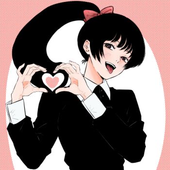 1girl bow chainsaw_man heart heart_hands long_hair long_sleeves pingtsi_(chainsaw_man) ponytail tongue tongue_out