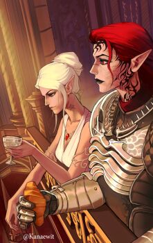 Rule 34 | 2girls, armlet, armor, baldur's gate, baldur's gate 3, black lips, breastplate, croissant, cup, dress, drinking glass, dungeons & dragons, elf, facial tattoo, food, from above, gauntlets, hair bun, highres, holding, holding cup, holding food, indoors, jewelry, kanaewit, looking down, minthara, multiple girls, neck tattoo, pointy ears, railing, red eyes, red hair, scar, scar on face, scar on nose, single hair bun, sleeveless, sleeveless dress, tattoo, tav (baldur's gate), upper body, white dress, white hair