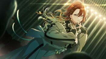 aketa_mikoto blonde_hair earrings fingerless_gloves game_cg gloves grey_eyes idolmaster idolmaster_shiny_colors jewelry multicolored_hair nail_polish official_art red_hair ring