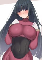 Rule 34 | 1girl, :o, black hair, blunt bangs, breast suppress, breasts, collarbone, commentary, covered navel, creatures (company), furrowed brow, game freak, gloves, highres, hime cut, large breasts, light blush, long hair, long sleeves, looking at viewer, nintendo, pokemon, red eyes, sabrina (pokemon), simple background, solo, teeth, tsurime, upper body, wabimochi, white background, white gloves