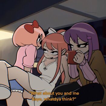 3girls bare_shoulders black_pants bow breasts ceiling closed_mouth cup doki_doki_literature_club dress dress_ribbon drinking eyelashes flirting hair_bow hair_ornament hairclip highres implied_yuri indoors large_breasts leg_lift long_hair looking_at_another looking_to_the_side looking_up medium_hair monika_(doki_doki_literature_club) mug multiple_girls nattydodo_002 open_mouth pants pink_hair pink_shirt purple_hair purple_sweater red_bow red_hair sayori_(doki_doki_literature_club) scott_pilgrim_(series) scott_pilgrim_takes_off shirt short_shorts shorts sitting sleeveless sleeveless_dress smile standing subtitled sweater white_bow white_dress yuri yuri_(doki_doki_literature_club)