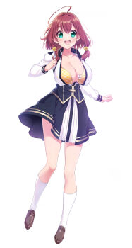 1girl ahoge akatsuki_hinata alternate_breast_size bow bow_bra bra bra_peek breast_growth breasts cleavage flower full_body green_eyes hair_flower hair_ornament highres huge_breasts long_sleeves omega_labyrinth_life open_mouth red_hair school_uniform shoes short_hair simple_background socks striped_bra striped_clothes torn_bra torn_clothes u35 underwear white_background yellow_bra