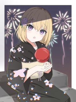 Rule 34 | 1girl, bang dream!, bang dream! it's mygo!!!!!, black kimono, blonde hair, candy apple, chromatic aberration, commentary, flower, food, hair flower, hair ornament, hashtag-only commentary, highres, holding, holding candy apple, holding food, japanese clothes, kimono, long sleeves, medium hair, melty lubll, misumi uika, open mouth, purple eyes, sitting, solo, upper body