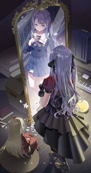 2girls absurdres bang_dream! bang_dream!_it&#039;s_mygo!!!!! black_ribbon blonde_hair blue_shirt blue_skirt book book_stack box cardboard_box character_request closed_mouth commentary_request different_reflection dress dual_persona from_behind full-length_mirror full_body hair_ribbon hand_on_own_chest high_heels highres indoors instrument keyboard_(instrument) long_hair long_sleeves looking_at_mirror mirror multiple_girls oblivionis_(bang_dream!) plaid_clothes plaid_skirt puffy_short_sleeves puffy_sleeves red_dress reflection ribbon rolling_suitcase sailor_collar school_uniform serafuku shirt short_sleeves skirt smile standing suitcase togawa_sakiko tsukinomori_school_uniform white_sailor_collar winter_uniform wooden_floor z15781