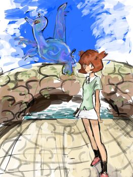 Rule 34 | 1girl, absurdres, alto mare, arch bridge, bianca (pokemon heroes), black socks, bridge, brown eyes, brown hair, closed mouth, cloud, day, dragon, flipped hair, flying, fufu8484, full body, gen 3 pokemon, green shirt, highres, in-universe location, latias, legendary pokemon, looking at viewer, miniskirt, nintendo, outdoors, pokemon, pokemon (anime), pokemon (classic anime), pokemon (creature), pokemon heroes: latios &amp; latias, red eyes, red shoes, see-through body, shirt, shoes, short hair, short sleeves, skirt, sky, socks, standing, white skirt