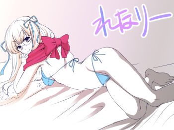 1girl bikini blonde_hair blue_bikini blue_ribbon breasts closed_mouth colored_skin commentary_request full_body glasses grey_eyes hair_ribbon long_hair looking_at_viewer masaya_ichika medium_breasts navel ragnarok_masters ragnarok_online red_scarf ribbon scarf smile solo swimsuit white_skin