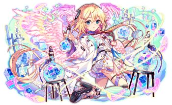 1girl ahoge alternate_wing_color ankle_boots aqua_collar aqua_eyes aqua_thighhighs artist_request belted_jacket black_bow black_jacket blue_collar boots bow buttoned_cuffs buttons cel_shading coat collar collared_coat collared_jacket crash_fever crescent_ornament cropped_jacket cube feathers flask frilled_skirt frills full_body game_cg hair_ornament head_wings heart heart_hair_ornament holding holding_magnifying_glass hood hooded_coat jacket jung_(crash_fever) lanyard light_particles long_hair long_sleeves looking_at_viewer magnifying_glass maxi_shirt medium_hair name_tag number_print numbered official_alternate_wing_color official_art open_clothes open_coat open_jacket outline pink_sailor_collar pink_wings pocket purple_feathers purple_trim purple_wings red_outline round-bottom_flask sailor_collar see-through_skirt_layer shirt shirt_bow shoe_soles side_slit skirt sleeve_cuffs solo square square_print star_ornament striped_clothes striped_collar striped_thighhighs tachi-e thigh_strap thighhighs third-party_source transparent_background undershirt vertical-striped_clothes vertical-striped_thighhighs very_long_hair white_boots white_coat white_collar white_hood white_jacket white_shirt white_sleeves wide_sleeves wings