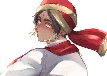 1boy axis_powers_hetalia bindi brown_hair chatsubo_jp dark-skinned_male dark_skin earrings facial_mark forehead_mark highres india_(hetalia) jewelry looking_at_viewer looking_back male_focus simple_background solo_focus thick_eyebrows turban white_background