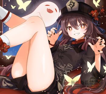1girl 1other black_hat black_nails black_shirt boo_tao_(genshin_impact) brown_hair bug butterfly feet_out_of_frame flower-shaped_pupils genshin_impact ghost hair_between_eyes hat highres hu_tao_(genshin_impact) insect jewelry light_blush long_hair long_sleeves looking_at_viewer night parted_lips peke_peke_s ring shirt smile socks symbol-shaped_pupils teeth thick_thighs thighs twitter_username very_long_hair white_socks
