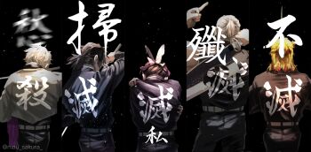 1girl 4boys arm_up back belt black_background black_hair black_jacket black_pants blonde_hair blurry butterfly_hair_ornament clothes_writing colored_tips cowboy_shot demon_slayer_uniform facing_away fighting_stance flame_print from_behind hair_ornament hand_up haori highres holding holding_sword holding_weapon jacket japanese_clothes katana kimetsu_no_yaiba kochou_shinobu light_particles lineup long_hair long_sleeves low_ponytail male_focus mau_sakura middle_finger multicolored_hair multiple_boys outstretched_arm pants ponytail print_jacket purple_hair red_hair rengoku_kyoujurou shinazugawa_sanemi short_hair short_ponytail side-by-side simple_background standing streaked_hair sword tomioka_giyuu twitter_username two-tone_hair updo uzui_tengen weapon white_belt white_hair white_jacket