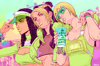 3girls adjusting_clothes adjusting_headwear arm_around_shoulder artist_name bad_id bad_pixiv_id black_hair blonde_hair blue_eyes bracelet breasts cleavage cleavage_cutout clothing_cutout collarbone crop_top cropped_jacket cup day double_bun dreadlocks drinking drinking_straw drinking_straw_in_mouth earrings english_text ermes_costello ferris_wheel fishnet_top fishnets foo_fighters_(jojo) glasses green-tinted_eyewear green_eyes hair_bun hat jewelry jojo_no_kimyou_na_bouken keep_calm_and_carry_on kuujou_jolyne lips long_hair looking_at_viewer marion-ville medium_breasts midriff multicolored_hair multiple_girls outdoors overalls parted_bangs pasties power_lines see-through_clothes short_hair sleeveless star_(symbol) star_earrings star_pasties star_print stone_ocean sunglasses tinted_eyewear tree turtleneck two-tone_hair underboob unzipped upper_body visor visor_cap wristband zipper