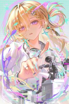 2girls absurdres black_boots black_gloves black_hair black_jacket black_mask black_shorts blonde_hair boots bracelet braid chinese_commentary commentary_request dark_persona dual_persona earclip earrings fingerless_gloves gloves hair_ornament headphones headphones_around_neck highres jacket jewelry lynae_(wuthering_waves) mask mouth_mask multiple_girls multiple_views purple_eyes ring shorts skull_hair_ornament wuthering_waves xiaoji_chuangzao