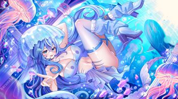 Rule 34 | 1girl, air bubble, animal, bandeau, blue bandeau, blue boots, blue eyes, blue hair, blue leg warmers, blue skirt, body markings, boots, breasts, bubble, cleavage, commentary, crossed bangs, double-parted bangs, english commentary, fish, full body, grey thighhighs, hair between eyes, harunaki, highres, index finger raised, indie virtual youtuber, jellyfish, large breasts, leg warmers, legs up, long hair, looking at viewer, open mouth, ren agade, skirt, smile, solo, thighhighs, underwater, virtual youtuber