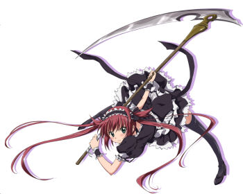 Rule 34 | airi (queen's blade), green eyes, hiino, long hair, maid, maid headdress, queen's blade, red hair, ribbon, scythe, thighhighs, twintails, weapon