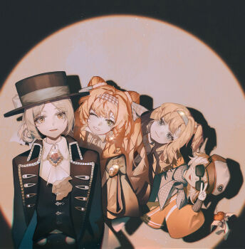 Rule 34 | 4girls, ;d, absurdres, apple, apple (reverse:1999), ascot, behind another, black bow, black bowtie, black coat, black hat, black vest, blue bow, blue dress, blue eyes, blue neckerchief, boater hat, boots, bow, bowtie, braid, braided sidelock, brown boots, brown hair, checkered hairband, coat, commentary request, dress, facing viewer, food, fruit, green eyes, grey cloak, grey eyes, grey hair, grin, hair bun, hairband, hand up, hat, hat bow, highres, jacket, leaning to the side, long hair, long sleeves, looking at viewer, matilda bouanich, medium hair, mimaki pv, multiple girls, neckerchief, newsboy cap, one eye closed, one side up, open mouth, polka dot neckerchief, puffy long sleeves, puffy sleeves, red jacket, regulus (reverse:1999), reverse:1999, shadow, shirt, short hair, single side bun, smile, sonetto (reverse:1999), spotlight, straight-on, sunglasses, traditional bowtie, two side up, upper body, v, v over eye, vertin (reverse:1999), vest, waistcoat, white ascot, white dress, white shirt