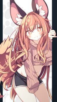 1girl animal_ear_fluff animal_ears black_shorts blush brown_eyes brown_hair brown_sweater closed_mouth commentary_request cropped_sweater daidai_ookami dolphin_shorts fang fang_out hair_between_eyes hair_intakes hand_up highres long_hair long_sleeves looking_at_viewer navel original puffy_long_sleeves puffy_sleeves ribbed_sweater short_shorts shorts sleeves_past_fingers sleeves_past_wrists smile solo sweater tail very_long_hair