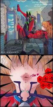 1girl between_legs blue_eyes bodysuit breasts brown_hair bruise bruise_on_face building city comic destruction english_text eva_01 giant giantess hair_ornament heart highres injury kiss leg_lift leg_up lipstick lipstick_mark long_hair lying makeup mecha mecha_pilot_suit medium_breasts neon_genesis_evangelion nose pink_lips plugsuit_(evangelion) pov puckered_lips red_bodysuit robot rubble sign size_difference skin_tight smoke souryuu_asuka_langley twintails warning_sign