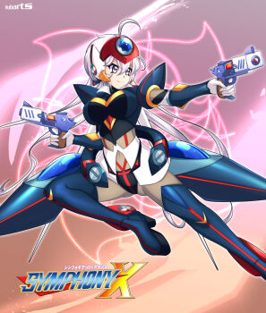 1girl ahoge armor artist_name axl_(mega_man) axl_(mega_man)_(cosplay) black_armor black_boots boots breasts cleavage clenched_hands closed_mouth cosplay covered_navel dual_wielding elbow_gloves gloves gradient_background grey_hair gun handgun highres holding large_breasts leaping long_hair looking_to_the_side pistol purple_eyes red_background robarts_hallway senki_zesshou_symphogear smile solo thigh_boots very_long_hair weapon white_gloves yukine_chris