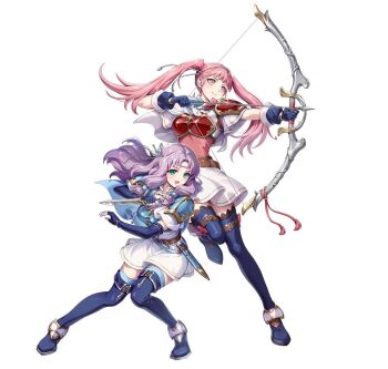 Rule 34 | 2girls, armor, arrow (projectile), attack, belt, black thighhighs, blue boots, blue cape, blue gloves, blue thighhighs, blush, boots, bow (weapon), breastplate, breasts, brown belt, cape, circlet, commentary, dagger, dress, elbow gloves, english commentary, fighting stance, fingerless gloves, fire emblem, fire emblem: the blazing blade, fire emblem: three houses, fire emblem heroes, florina (fire emblem), florina (skyward wings) (fire emblem), gloves, gomashio ponz, green eyes, hairband, headband, hilda valentine goneril, hilda valentine goneril (skyward wings), holding, holding bow (weapon), holding dagger, holding knife, holding weapon, knife, long hair, looking at viewer, multiple girls, nintendo, official alternate costume, official art, open mouth, pink dress, pink eyes, pink hair, purple hair, quiver, sheath, short sleeves, shoulder armor, simple background, smile, thigh boots, thighhighs, twintails, weapon, white background, white cape, white dress, white hairband, white headband