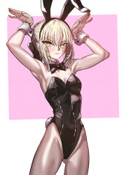 Rule 34 | absurdres, animal ears, armpits, arms up, artoria pendragon (all), artoria pendragon (fate), bare shoulders, black bow, black bowtie, blonde hair, blush, bow, bowtie, breasts, fake animal ears, fake tail, fate/grand order, fate/stay night, fate (series), fukou, gluteal fold, groin, highres, leotard, pale skin, pantyhose, playboy bunny, rabbit ears, rabbit pose, rabbit tail, saber (fate), saber alter, short hair, small breasts, tail, thighs, white wrist cuffs, wrist cuffs, yellow eyes
