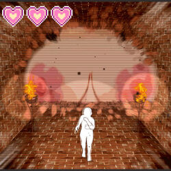 1girl animated breasts brick_floor brick_wall dungeon faceless faceless_male fake_screenshot giant giantess health_bar hurdle jumping large_breasts looping_animation nipples original running ryokucha_michi scanlines torch video what