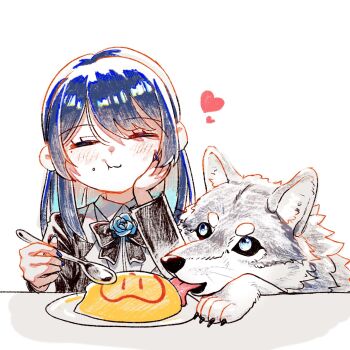 1girl ado_(utaite) black_bow black_bowtie blue_flower blue_hair blue_nails blue_rose blush bow bowtie chando_(ado) closed_eyes closed_mouth collared_shirt commentary eating flower food food_on_face ha-chan_(ado) hashtag-only_commentary highres holding holding_spoon long_hair long_sleeves mole mole_under_eye nail_polish rose shirt solo spoon uoy69995 utaite white_background white_shirt wolf