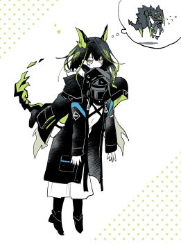1girl 1other ahoge animal_ears arknights belt black_hair black_jacket blush_stickers carrying cat_ears commentary_request crystal_tail doctor_(arknights) dress fake_animal_ears full_body green_dress green_eyes green_hair green_streaks hair_intakes highres hood hood_up hooded_coat huge_ahoge image_in_thought_bubble jacket mon3tr_(arknights) mon3tr_(summon)_(arknights) monster off_shoulder piggyback sleeves_past_fingers sleeves_past_wrists soukuu_kizuna tail thigh_belt thigh_strap