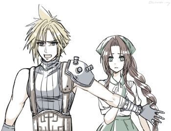 1boy 1girl aerith_gainsborough armor armored_gloves bandaged_arm bandages belt blonde_hair braid braided_ponytail brown_belt brown_hair cloud_strife collared_shirt final_fantasy final_fantasy_tactics final_fantasy_vii furrowed_brow gloves green_gloves green_headscarf green_skirt hair_between_eyes hand_on_own_chest headscarf highres hu_manbee_ing long_hair official_alternate_costume open_mouth outstretched_arm parted_bangs parted_lips pauldrons protecting shirt short_hair short_sleeves shoulder_armor sidelocks single_bare_shoulder single_braid single_pauldron skirt sleeveless sleeveless_turtleneck spiked_hair suspenders turtleneck twitter_username upper_body white_background white_shirt