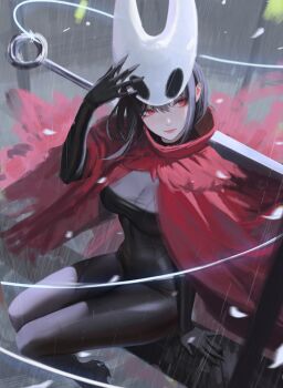 1girl adjusting_mask black_bodysuit black_hair bodysuit breasts cloak closed_mouth commentary covered_navel from_above highres hollow_knight hollow_knight:_silksong horned_mask hornet_(hollow_knight) humanization large_breasts looking_to_the_side mask needle neo_(neorarty3) rain red_cloak red_lips short_hair sitting solo taut_clothes weapon weapon_on_back white_mask wire
