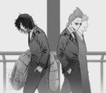 2boys aizawa_shota boku_no_hero_academia collared_shirt greyscale hand_in_pocket holding jibun0624 long_sleeves looking_back male_focus messy_hair monochrome multiple_boys necktie present_mic school_uniform shirt sleeping_bag sunglasses tinted_eyewear walking