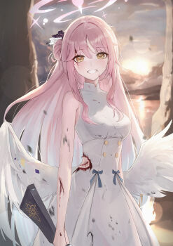 1girl :d absurdres bleeding blood blue_archive blurry bokeh breasts buttons commentary_request depth_of_field double-breasted dress feathered_wings grin gun hair_bun hair_ornament hair_scrunchie halo high-waist_skirt highres holding holding_gun holding_weapon injury jiang_zhuti_jiojio long_hair looking_at_viewer mika_(blue_archive) open_mouth pink_hair pink_halo scrunchie side_up_bun skirt smile solo sunrise tea_party_(blue_archive) teeth torn_clothes torn_dress weapon white_dress white_scrunchie white_skirt white_wings wings yellow_eyes