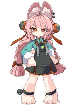 1girl :3 ahoge animal_ear_fluff animal_ear_piercing animal_ears animal_feet anklet braid braided_twintails bright_pupils closed_mouth commentary_request full_body fun_bo furry furry_female green_shirt hands_on_own_hips highres jewelry long_hair looking_at_viewer pink_fur pink_hair rabbit_ears rabbit_girl red_eyes screw shirt short_eyebrows simple_background solo standing thick_eyebrows white_background white_pupils zenless_zone_zero zhao_(zenless_zone_zero)