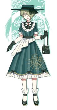 Rule 34 | 1girl, alternate costume, aqua background, aqua dress, aqua outline, bag, black bag, black bow, black gloves, black ribbon, black shirt, black shoes, blonde hair, bow, bowtie, bright pupils, brooch, buttons, center frills, chest jewel, classic lolita, collared shirt, commentary request, danganronpa (series), danganronpa v3: killing harmony, dot nose, dress, dress bow, dress shirt, expressionless, floral background, frilled dress, frilled gloves, frilled sleeves, frilled socks, frills, full body, gem, gloves, green eyes, green hat, hair over one eye, handbag, hat, hat ribbon, highres, holding, holding bag, jewelry, lace, lace-trimmed ribbon, lace trim, lolita fashion, looking at viewer, mary janes, medium dress, open mouth, outline, print dress, puffy short sleeves, puffy sleeves, red gemstone, ribbon, shirt, shirt under dress, shoes, short hair, short sleeves, socks, solo, spider web print, standing, striped clothes, striped dress, sun hat, tojo kirumi, tsurime, two-tone background, vertical-striped clothes, vertical-striped dress, waka (wk4444), white background, white bow, white bowtie, white pupils, white socks